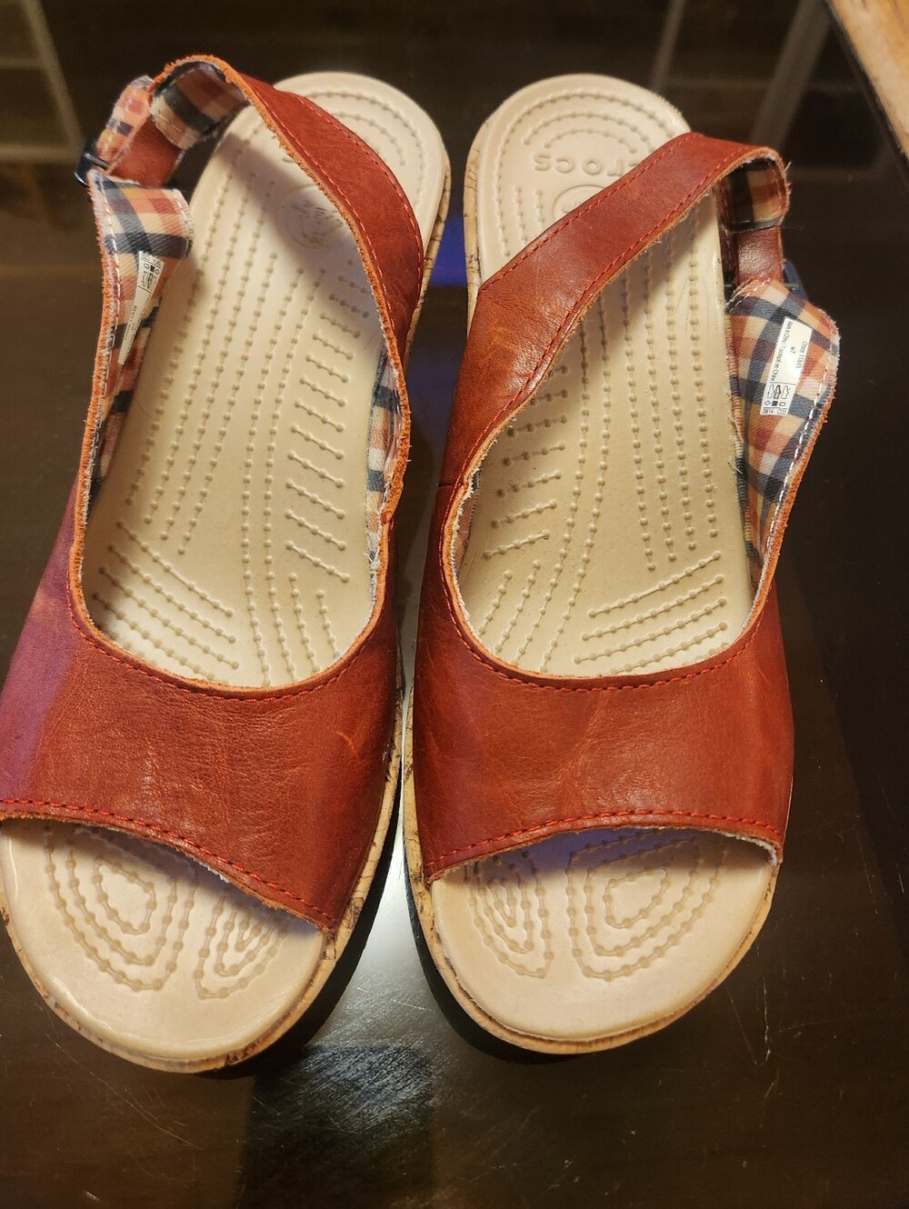 Women's Leather Wedge Crocs Sandals Size 7